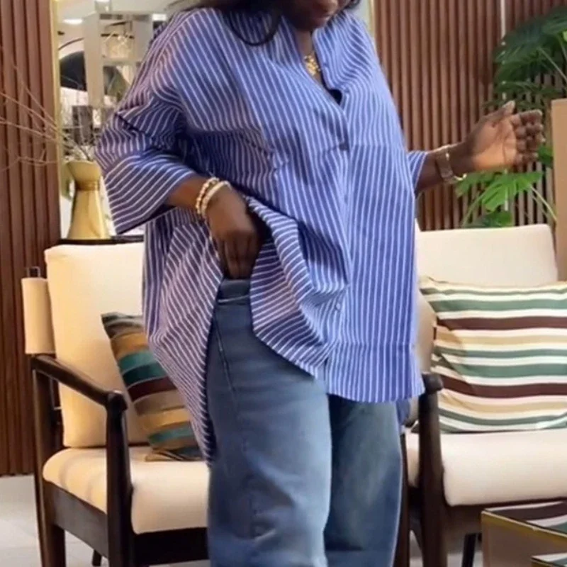 Eleganckie koszule damskie w paski zapinane na guziki, luźne bluzki damskie do biura, modne, uniwersalne topy na lato.
