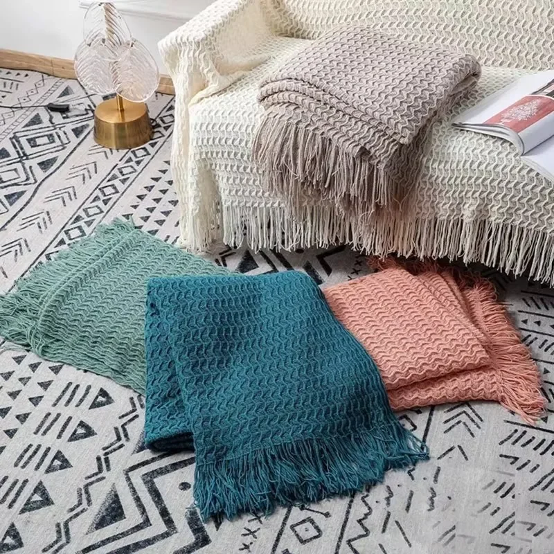Fishtail Patterned Blanket, Minimalist Knitted Sofa Blanket, Air Conditioning Blanket Bed Tail Towel Decoration,Model Room Towel