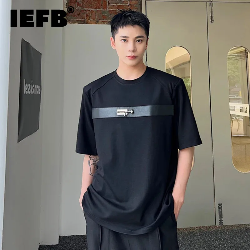 

IEFB Summer New Trendy Male T-shirt Round Collar Short Sleeve Top Personality Belt Metal Decoration Loose Casual T-shirts 9C5491