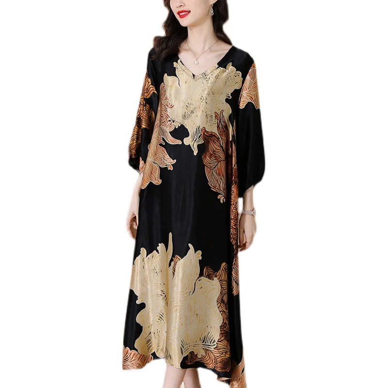 Women Floral Natural Rayon V-Neck Midi Dress Spring Autumn Elegant Loose Waist Plus Size Dress 2024 Korean Vintage Casual Dress