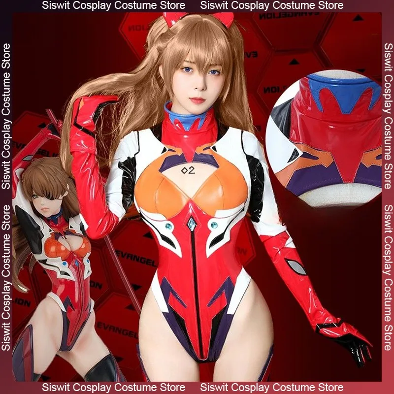 

Anime EVA Asuka Langley Soryu Cosplay Costume Sexy Combat Jumpsuit Red Leather Bodysuit Socks Gloves Set Carnival Party Dress Up