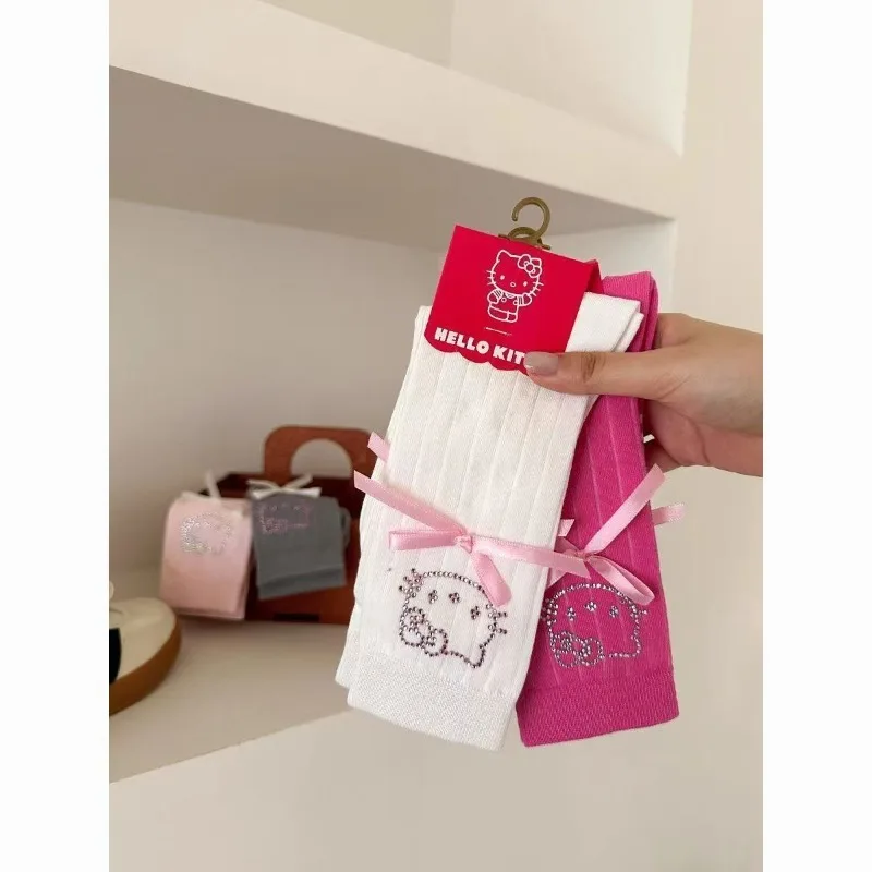 Kawaii Hello Kitty Bow Socks Anime Lovely Girl Student Thin Style Mid Length Socks Student Ins Wind Trend Pile Socks Wholesale