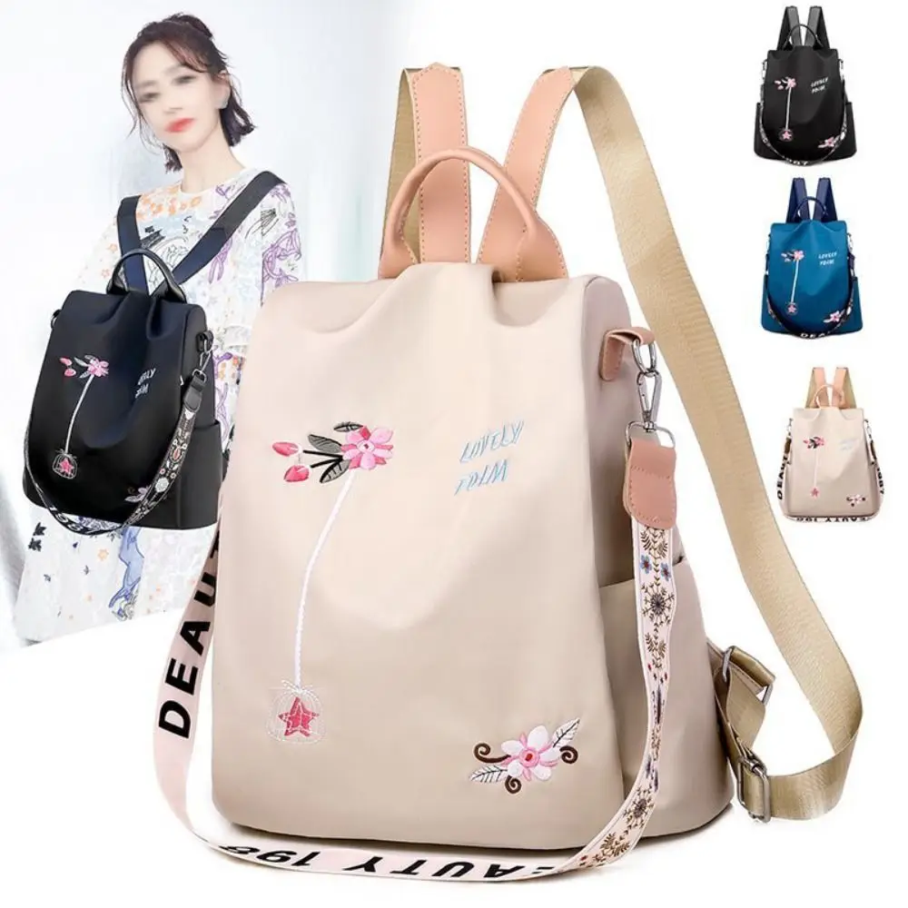 Waterproof Embroidery Backpack Large Capacity Zippered Student School Bag Anti-theft with Shoulder Strap Travel Knapsack