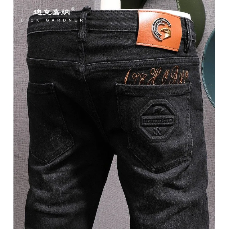 

Мужские джинсы премиум-класса с вышивкой, черные, осенне-зимние, 2025, новые, модные, с принтом, облегающие, эластичные, длинные брюки