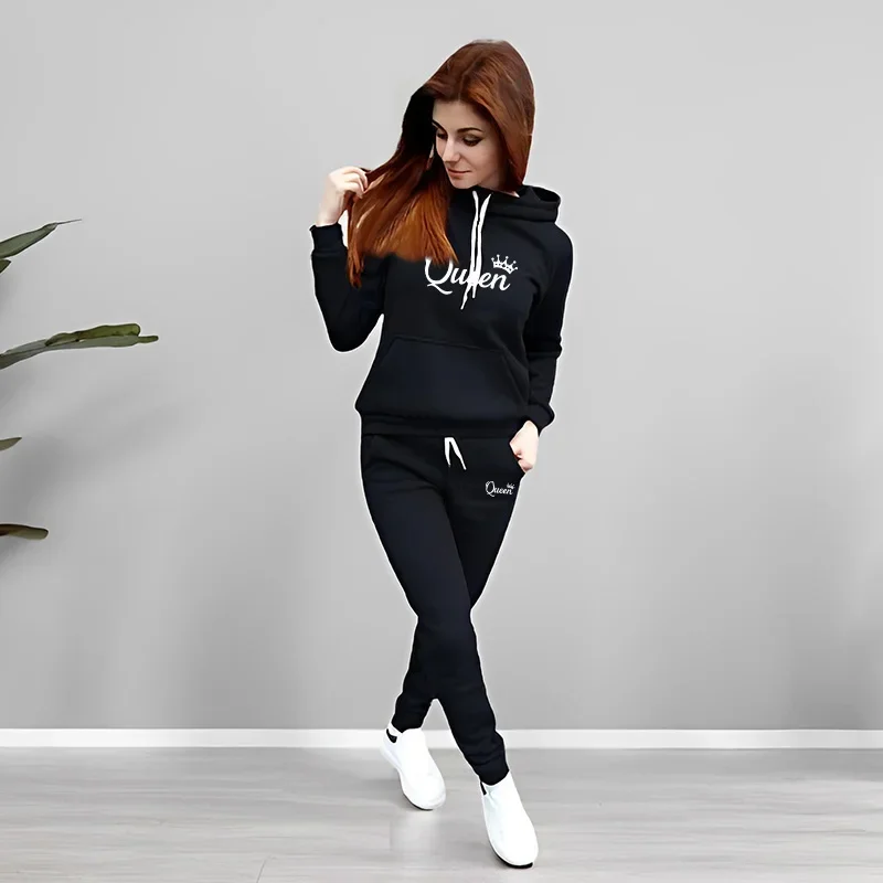 Womens Tracksuit Queen Letter Printing Hooded Sweatshirts Suit High Quality Jogging Outfits Clothing Fashion Casual Pants Sets view 2