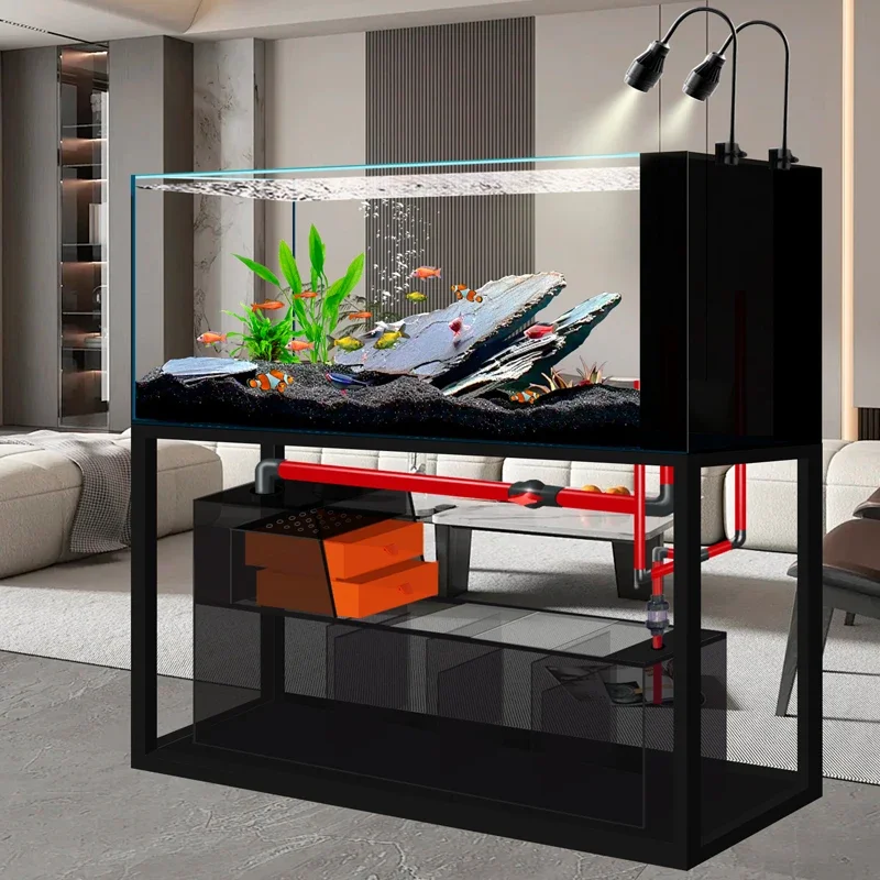 

Industrial wind native stream tank side overflow ecological bottom filter fish tank living room ultra-white glass aquarium