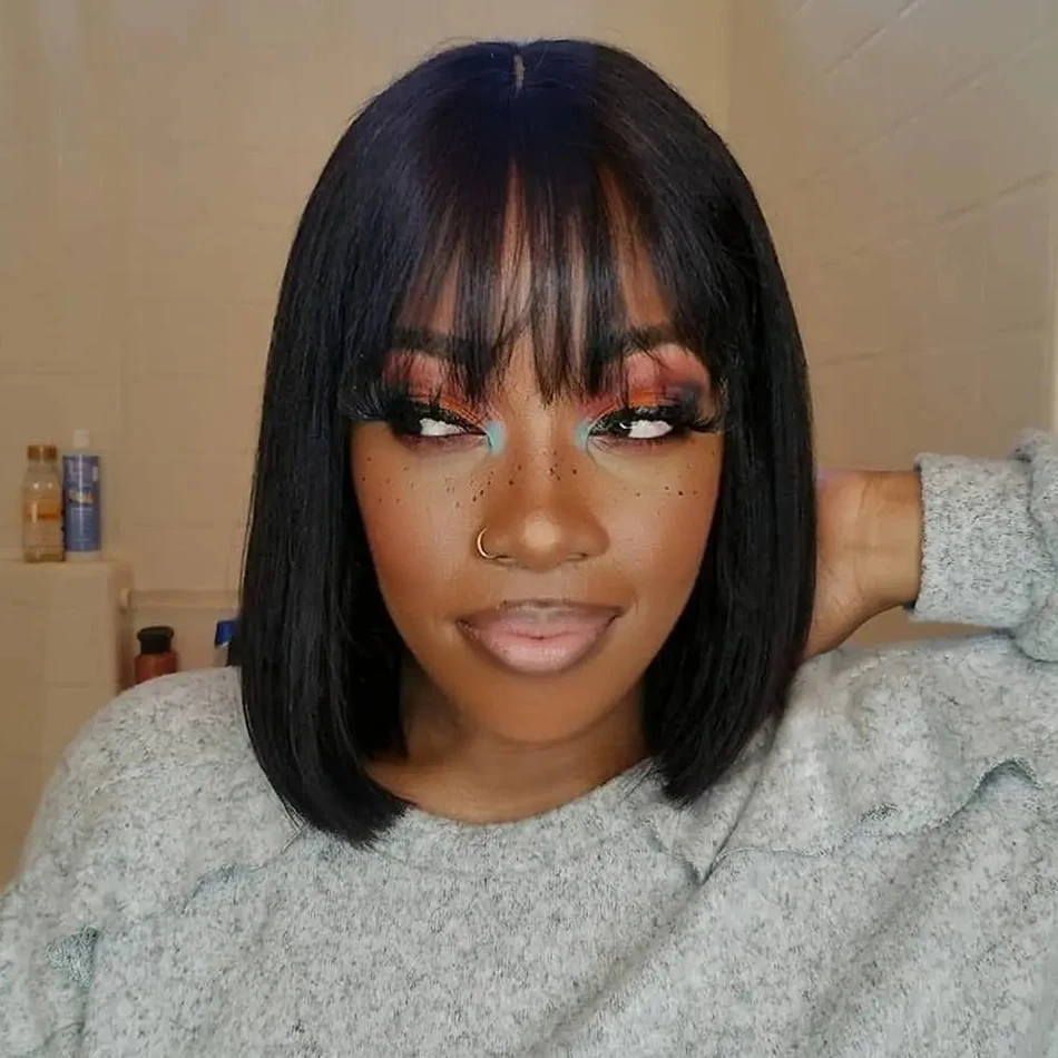 Wiggogo 3X1 Middle Part Lace Wig Bob Wigs Full Machine Made Bone Straight Human Hair Wigs With Bangs Short Bob Human Hair Wigs