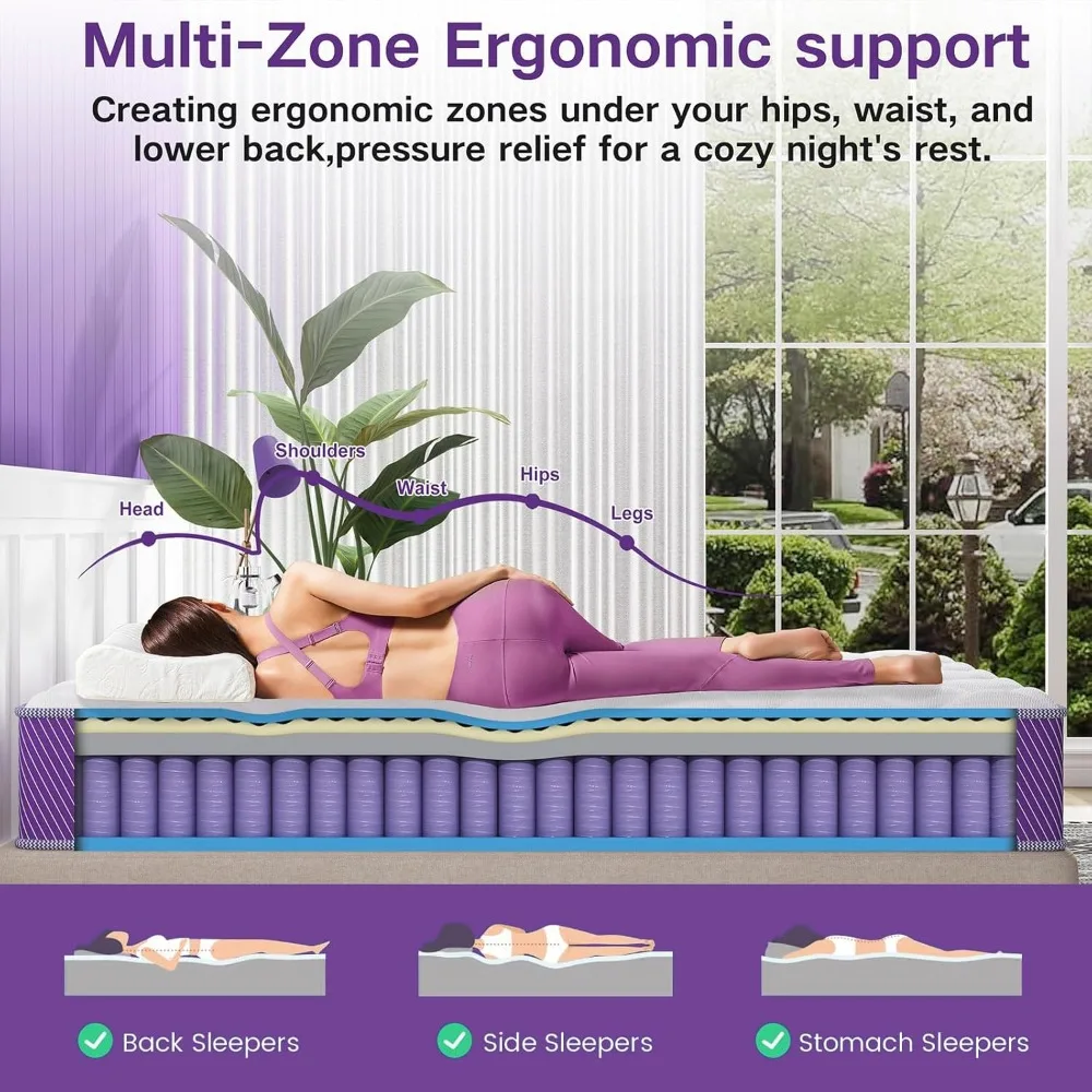 Colchão híbrido de tamanho completo de 10 polegadas com espuma viscoelástica e bobinas com bolsos - Colchão roxo Cama completa de 10" em uma caixa