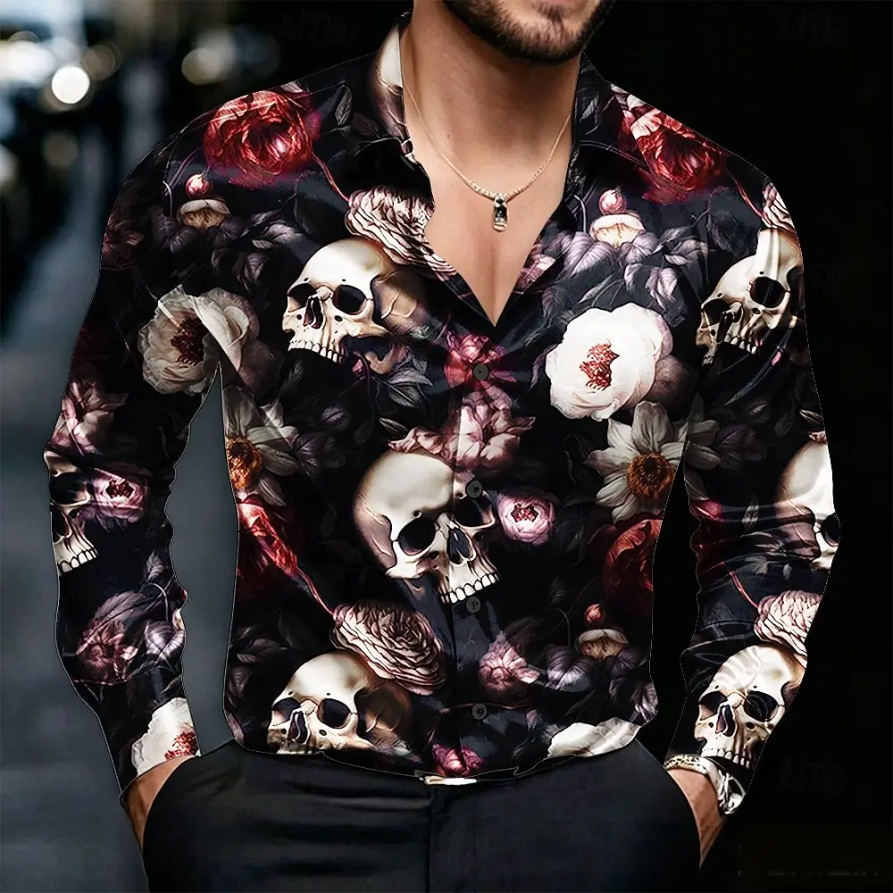 Halloween Men's Rose Skulls Long Sleeve Casual Horror Dark Vacation Party Evening Wear Dailywear Spring Fall Collared Shirt