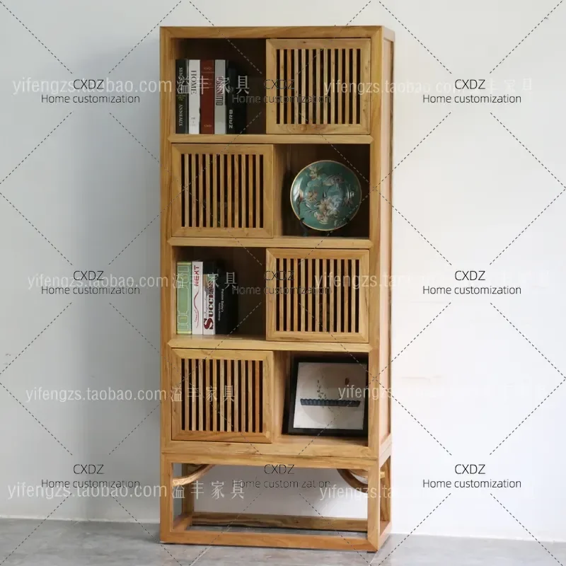 Old Elm Bookcase Solid Wood Bookshelf Paint Free Storage Cabinet Chinese Style Display Shelf Bogu Rack Home Furniture