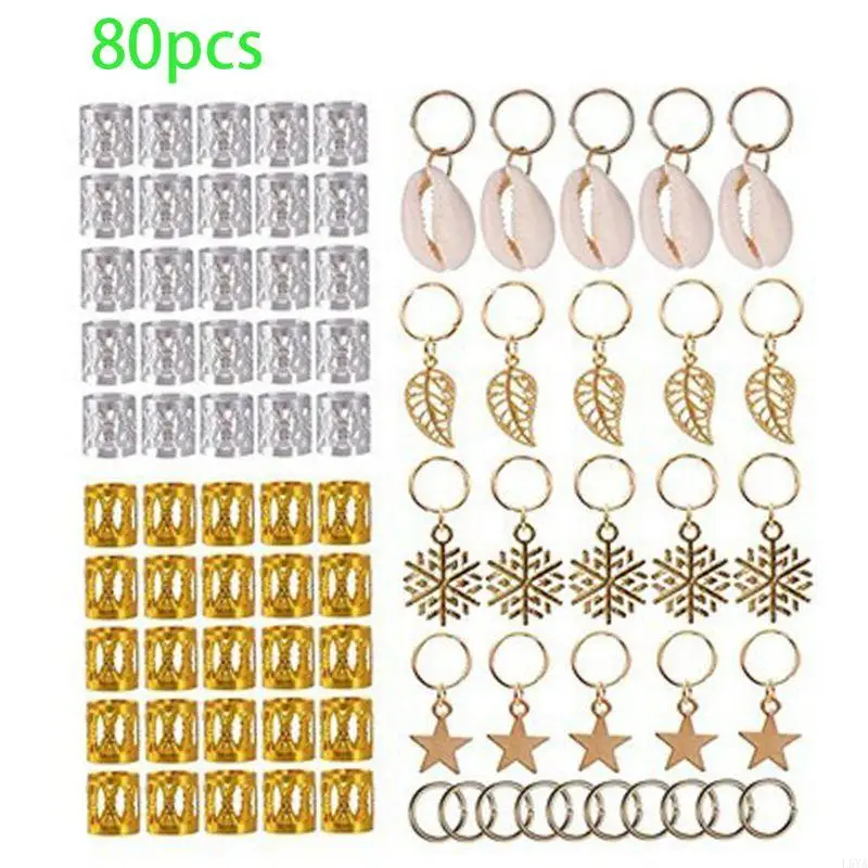 L5YA 80Pcs African Hair Braid Pendant Dreadlock Beads Clips Metal Cuffs Rings Jewelry Clasp Decoration Accessories