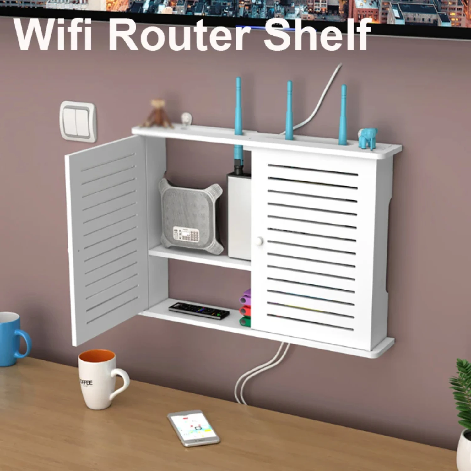 

Punch-free Single Double Door Wall Shelf TV Set-top Box Rack Living Room Router Wall Hanging Box DIY Decor
