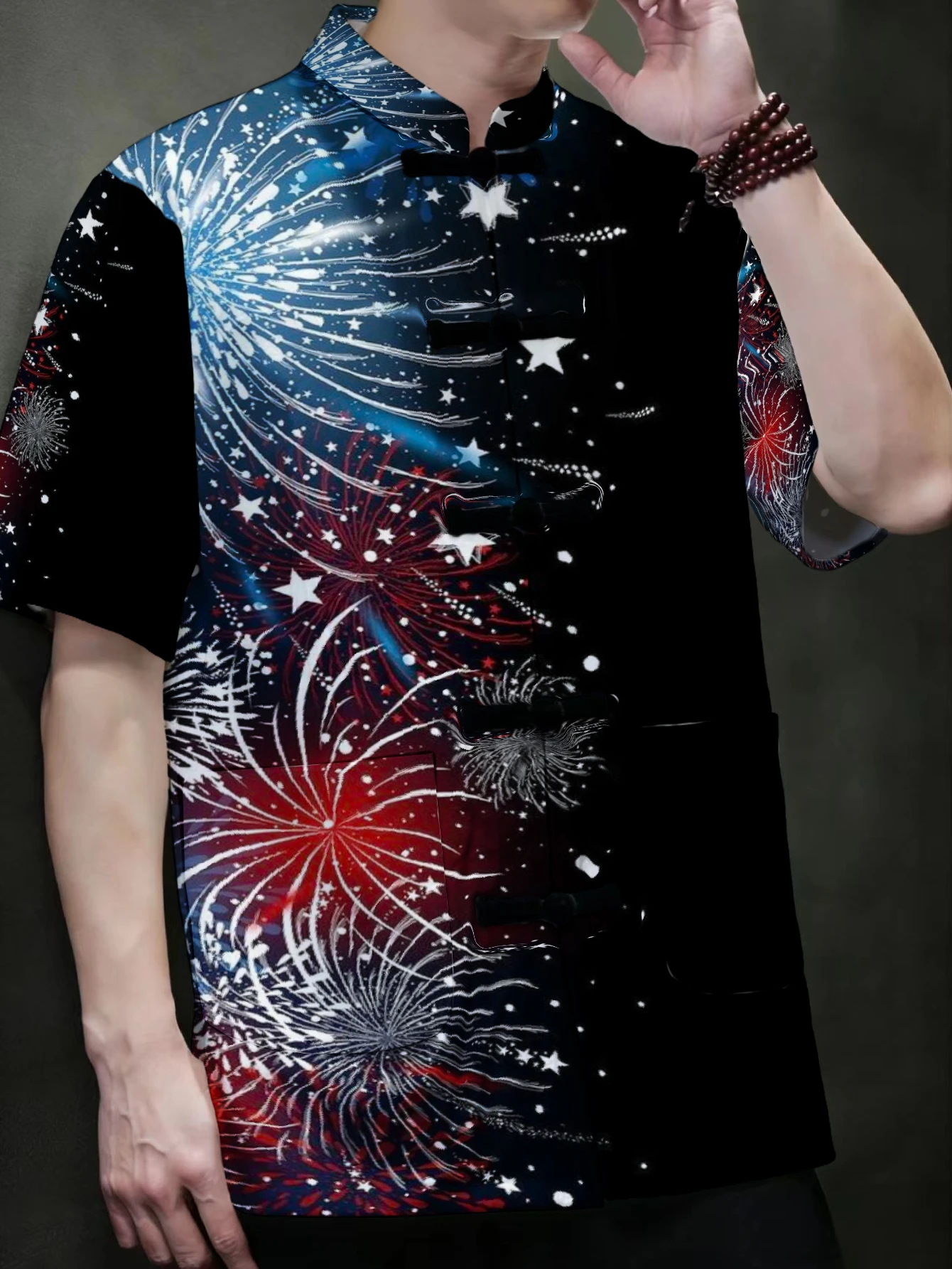 Men Traditional Chinese Tang Suit Short Sleeve Shirt Frog Button Stand Collar Firework Clover Floral Galaxy Print Loose Casual