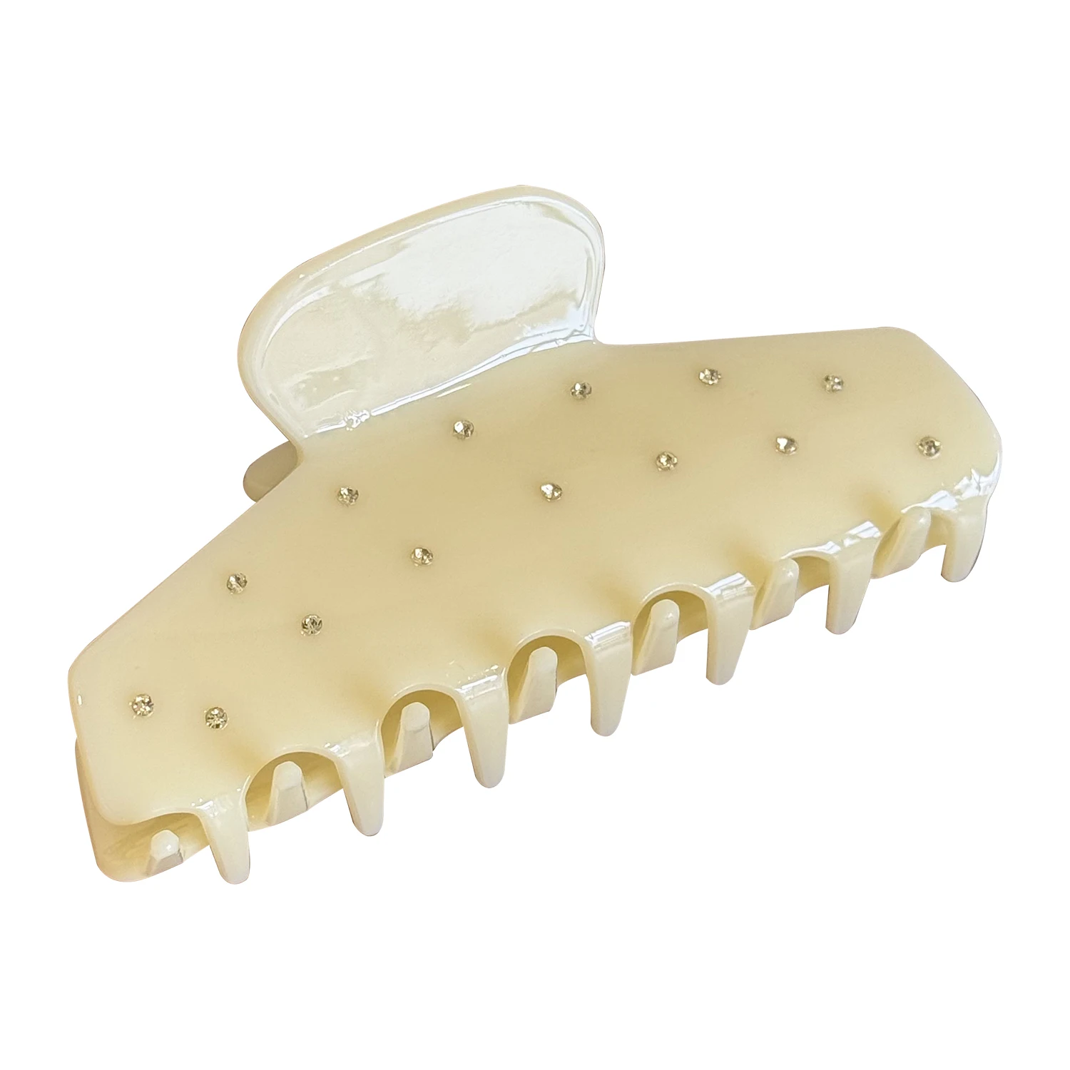 Um versátil grande grampo de cabelo de acetato com agarrador incrustado de diamantes e clipe de tubarão