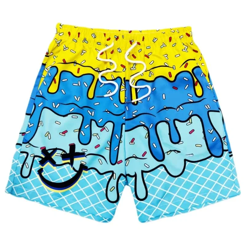 Novos Shorts de Praia Estilo Verão com Estampa de Sorvete para Adultos/Crianças, Tamanho Grande, Secagem Rápida para Homens e Mulheres