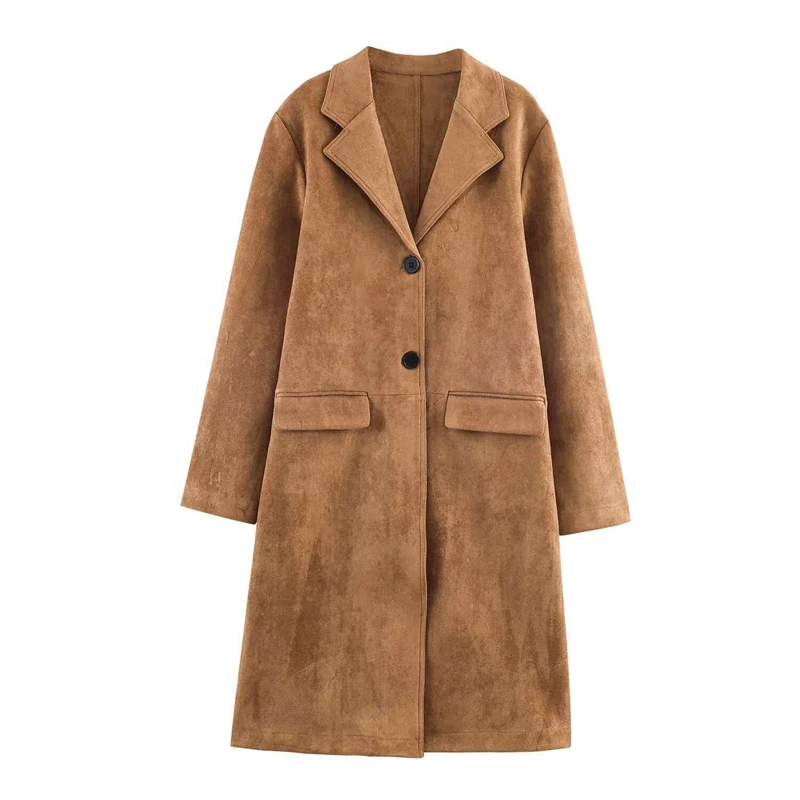 

Женские куртки осенне-зимние из замши с отложным воротником, карманами, длинные ветровки, ретро-стиль, повседневные, в европейско-американском стиле