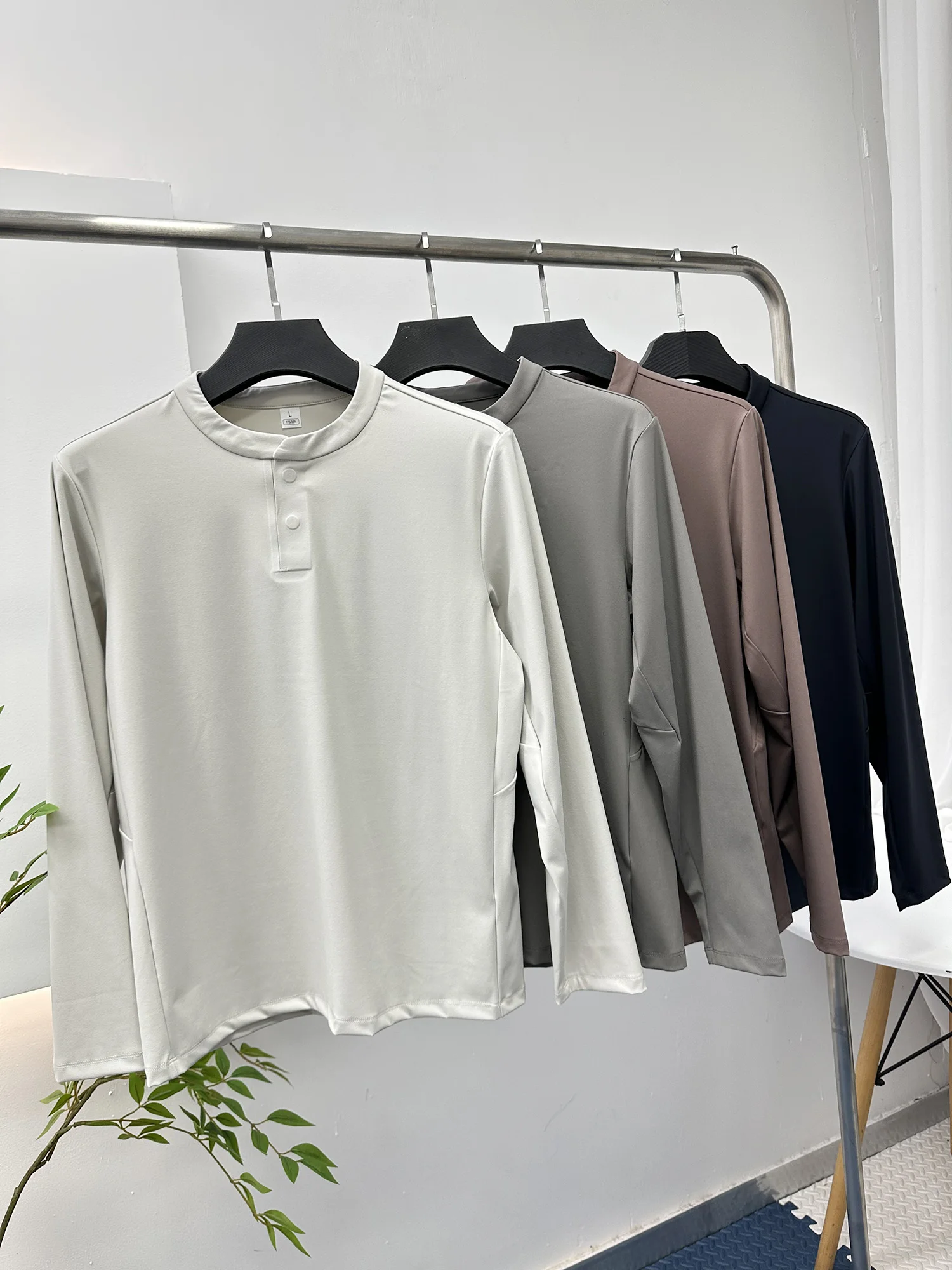 Functionnal Long Sleeve T-Shirt Smooth Glue Process Casual Henry Collar Elastic Quick Dry Autumn Leisure Men's Clothing