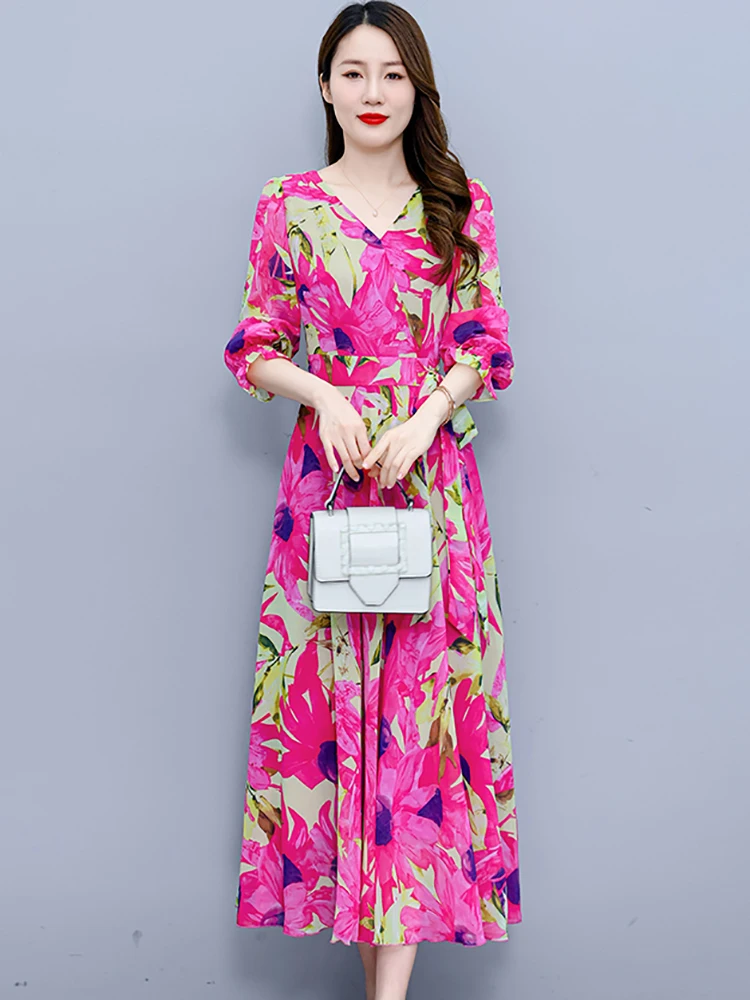 Robe maxi en mousseline de soie à fleurs pour femmes, bohème, nœud, bandage, tambour élégant, décontracté, luxe, soirée, Rh, printemps, automne, 2024