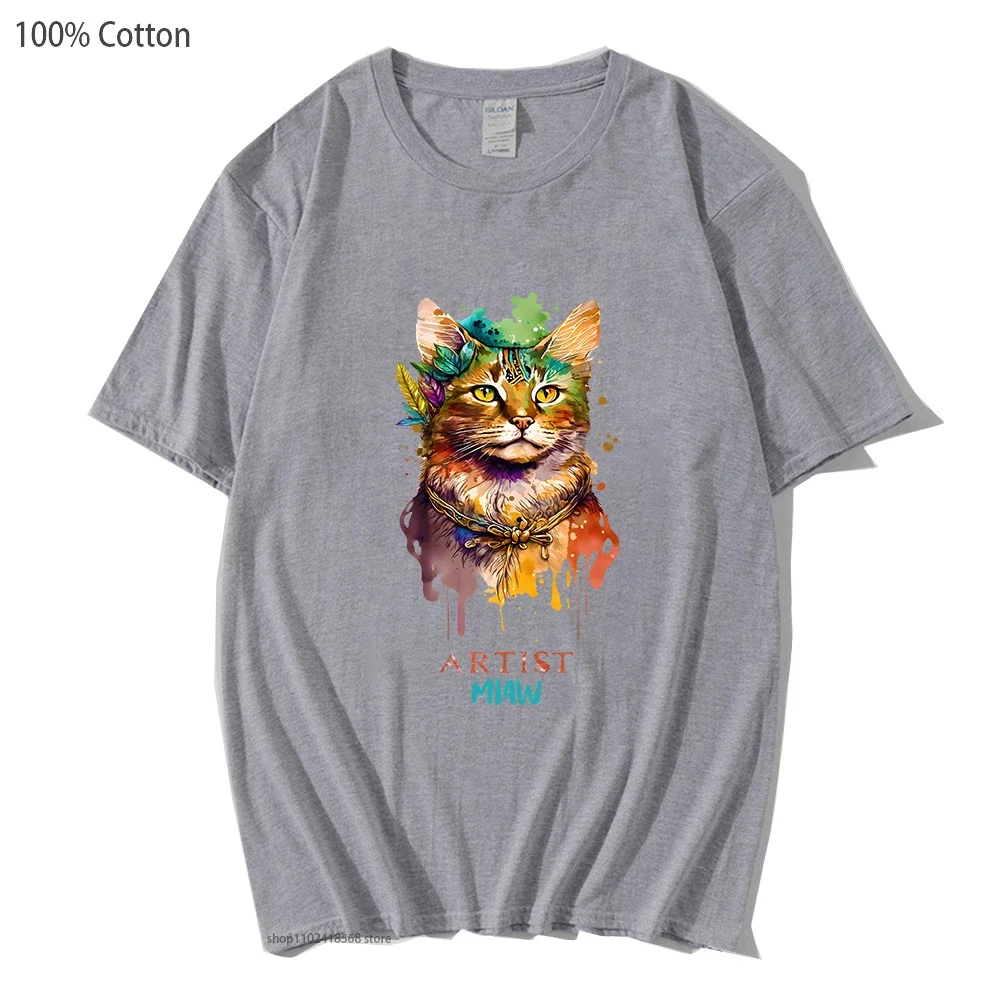لطيف القط مياو قمصان للرجال الفنان تي شيرت أنيمي الملابس 100% القطن الصيف تيز الشارع الشهير النساء س الرقبة عادية Y2k للجنسين