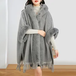 Women Faux Fur Collar Cardigan Cape With Hat Winter Warm Thick Long Batwing Sleeves Poncho Velvet Cloak Ladies Hairy Tassel Coat