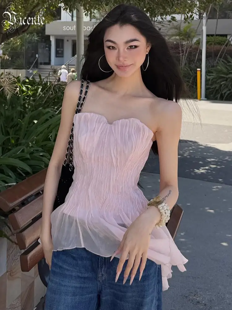 

VC Sweet Pink Strapless Ruffle Summer Top for Women Sexy Ruched Tube Top Irregular Hem Chiffon Party Top Y2K Fairycore Tank Top