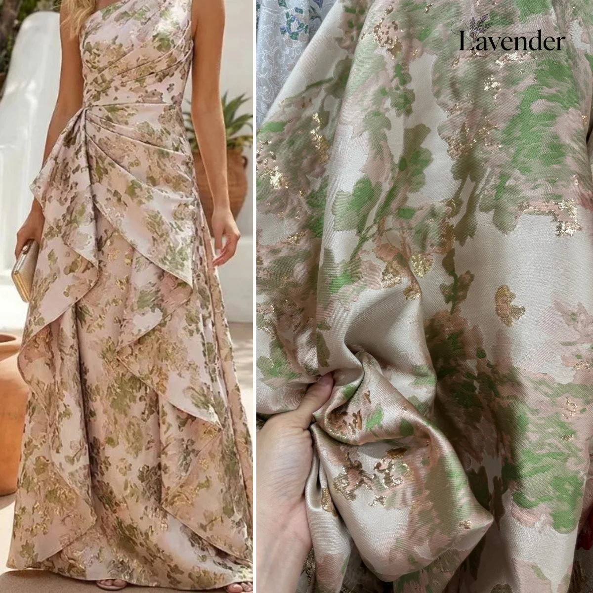 Pink  Green Contrast Oil Painting Style Embossed Jacquard Fabric Designer Cloth for Sewing Qipao Cheongsams and Dresses