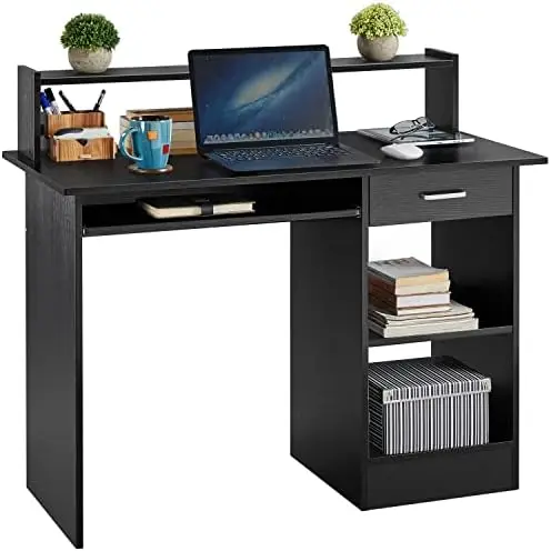 

Home Office Wood Computer Desk with Keyboard Tray and Drawers, Students Writing Table with Drawers & Hutch, Modern PC Lapto