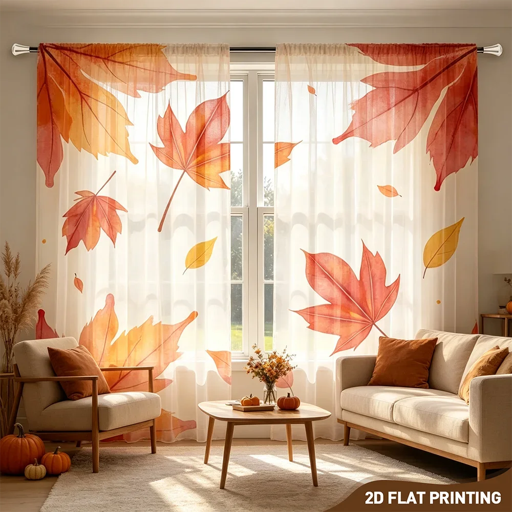 2PCS Digital Print Sheer Curtain, Four Side Red Maple, Autumn Fall Seasonal - Voile Drapes for Bedroom Living Room Decor