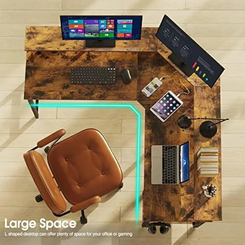 L Shaped Gaming Desk with LED Lights & Power Outlets, 56" Computer Desk with Full Monitor Stand & Storage Shelf, with Hooks