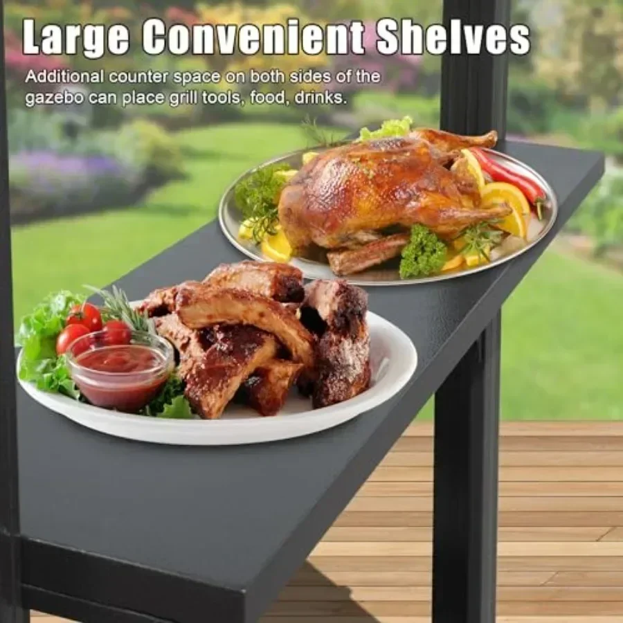 Domi 8x5FT Hardtop Grill Gazebo, Outdoor BBQ Gazebo with 2 Side Shelves and Ceiling Hook, Metal Grill Canopy with Galvanized St view 6