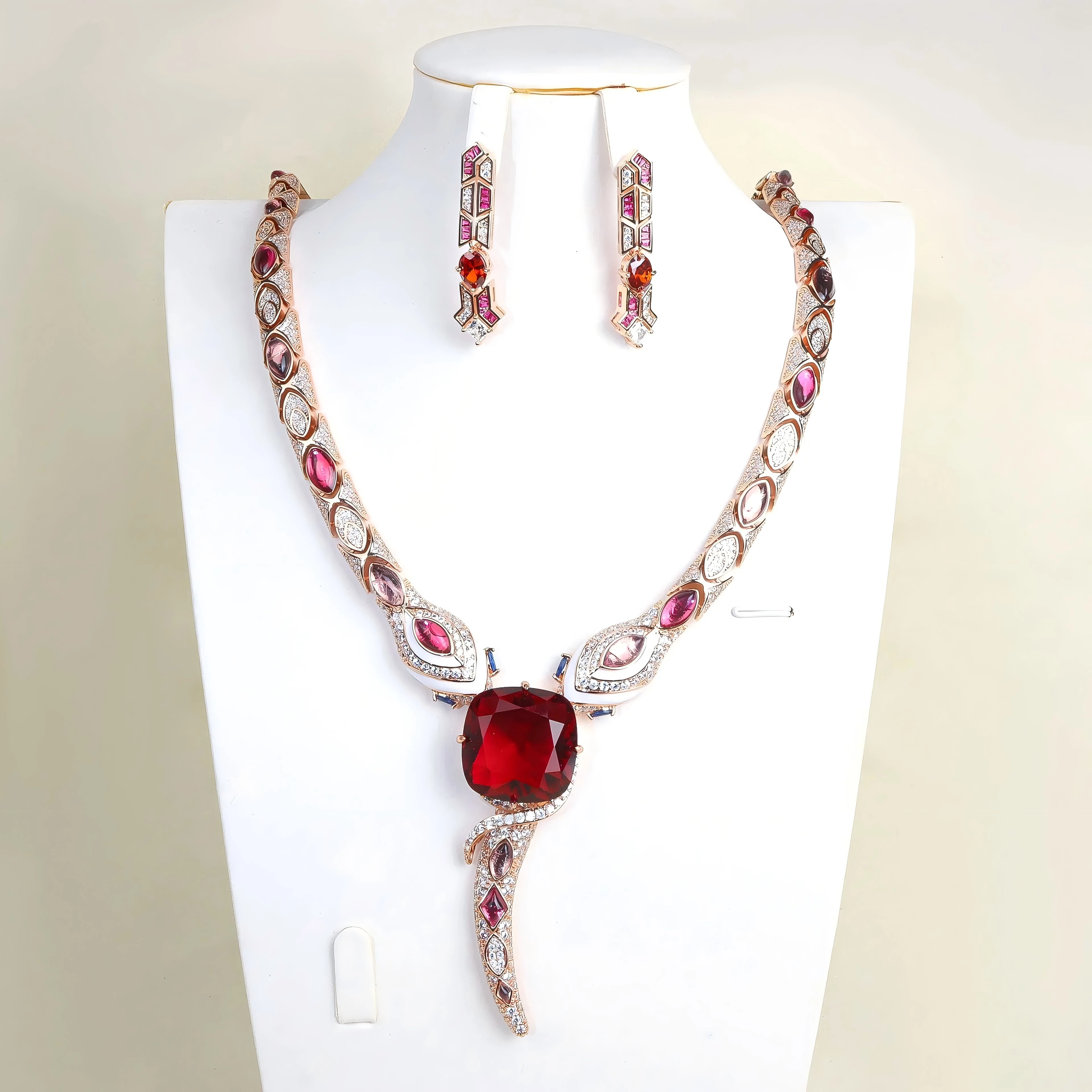 

Rose Gold Red Cubic Zirconia Dubai Bridal Jewelry Sets Women 2pcs Necklace Earrings Set Wedding Party Gift