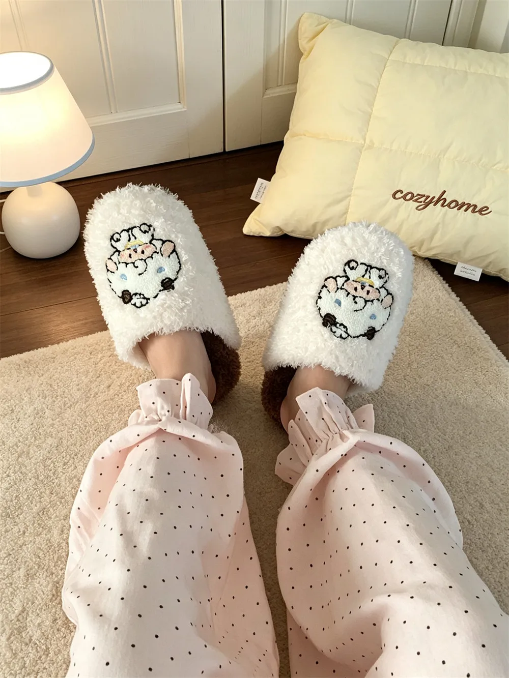 2026 New Adorable Sheep Couple Cotton Slippers for Men Women Autumn Winter Non-Slip Quiet Closed Fuzzy House Shoes Warm Plush