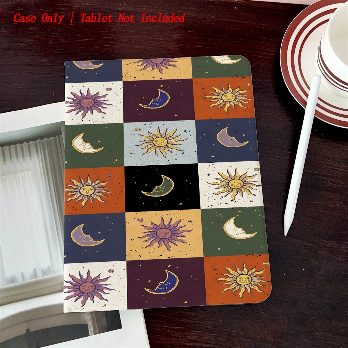 

Simple Fresh Style iPad Book Cover with Pen Slot & Sun Moon Pattern for Multiple Apple Models, Durable