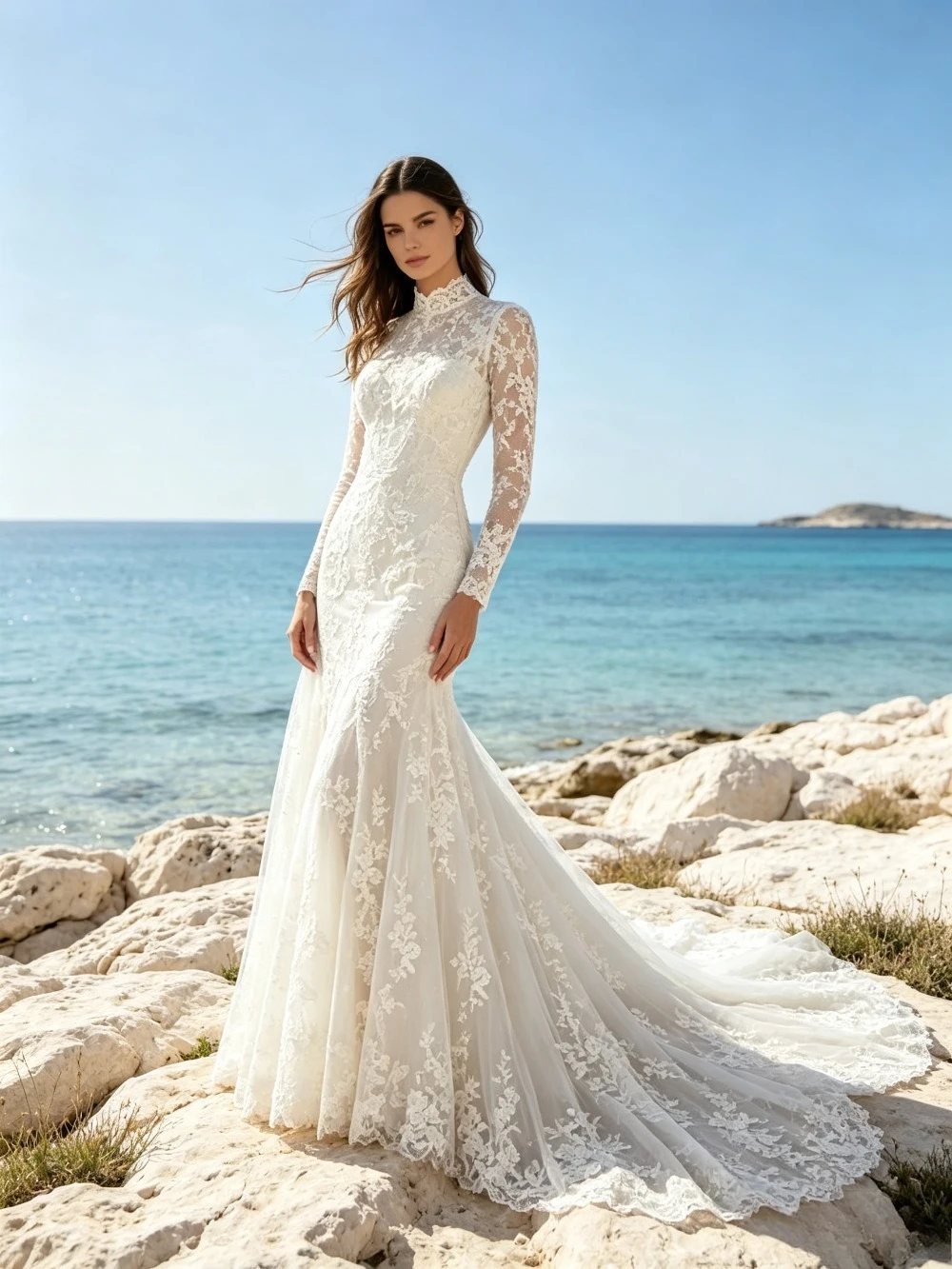 Customized Romantic High Neck Lace Long Sleeved Mermaid Wedding Dress with Floral Decals for 2026 Slim Fit Beach Bride Dress