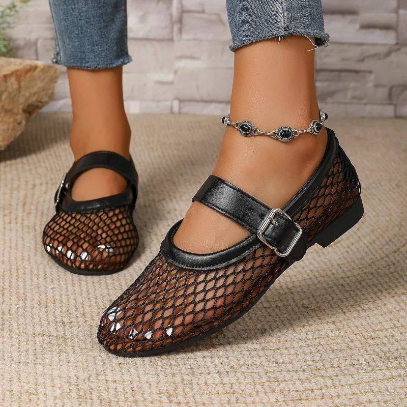 Sandalias de mujer de malla transpirables, sandalias versátiles de moda para mujer, zapatos planos Mary Jane de suela suave para mujer Sandalias De Mujer_voghion.com