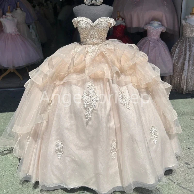 

Angelsbridep Light Champagne Quinceanera Dresses 2025 Off Shoulder Ruffle Tiered Ball Gown Sweet 16 Dress Vestido De 15 Años