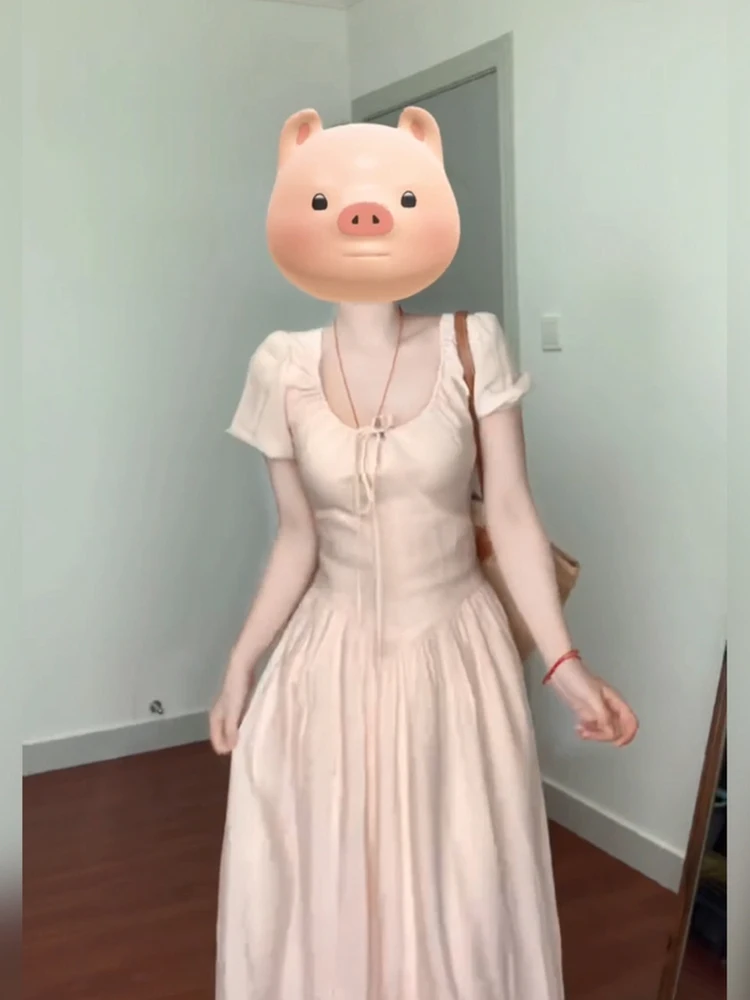 

XZY Ele Pink Summer Dr Women's A-Line Long Dr Gentle Sle Tea Break Faion plus Size Polyester Fiber Casual Wear