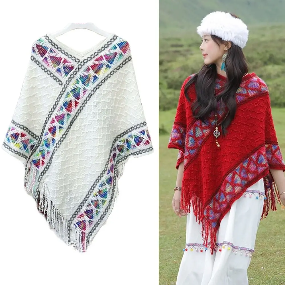 

Модный вязаный пуловер в этническом стиле, шаль, зимнее теплое элегантное монгольское пончо, шаль с кисточками в ромбическую полоску для женщин