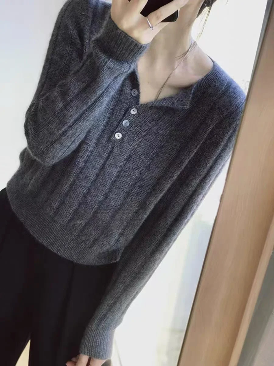 

Женский пуловер из 100% шерсти мериноса, осенне-зимний утолщенный базовый стиль, повседневный модный вязаный кашемировый свитер на пуговицах