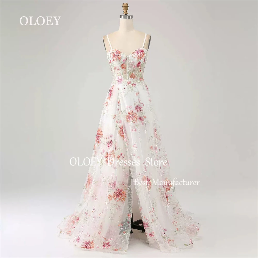 OLOEY Luxury Beads Floral A Line Wedding Dress Sleeveless Bridal Gown Spaghetti Straps Floor Length Side Slit Custom Made Corset