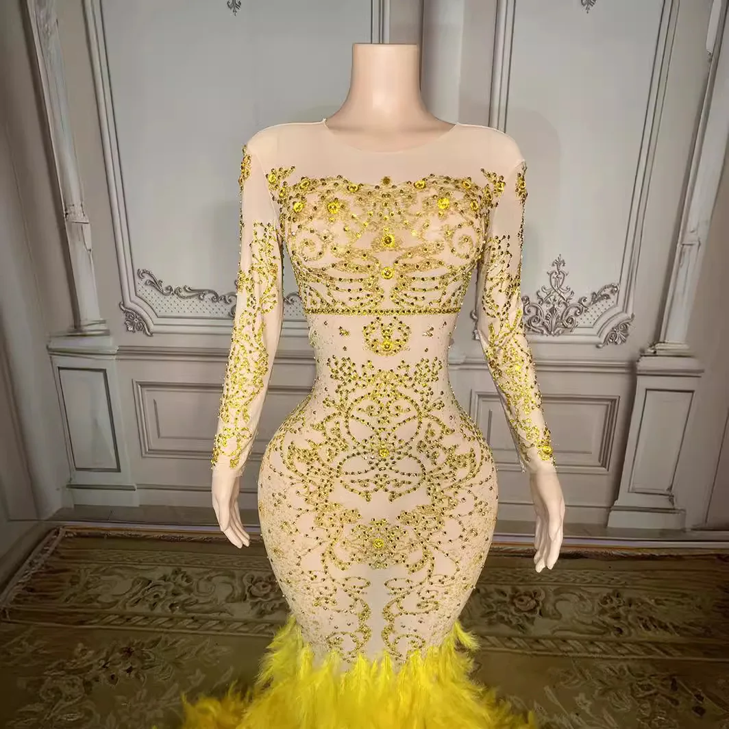 노란색 오라 퀸 깃털 과장된 무대 공연 드레스 레드 카펫 패션쇼 공연 드레스 Vestidos Para Festas De Luxo