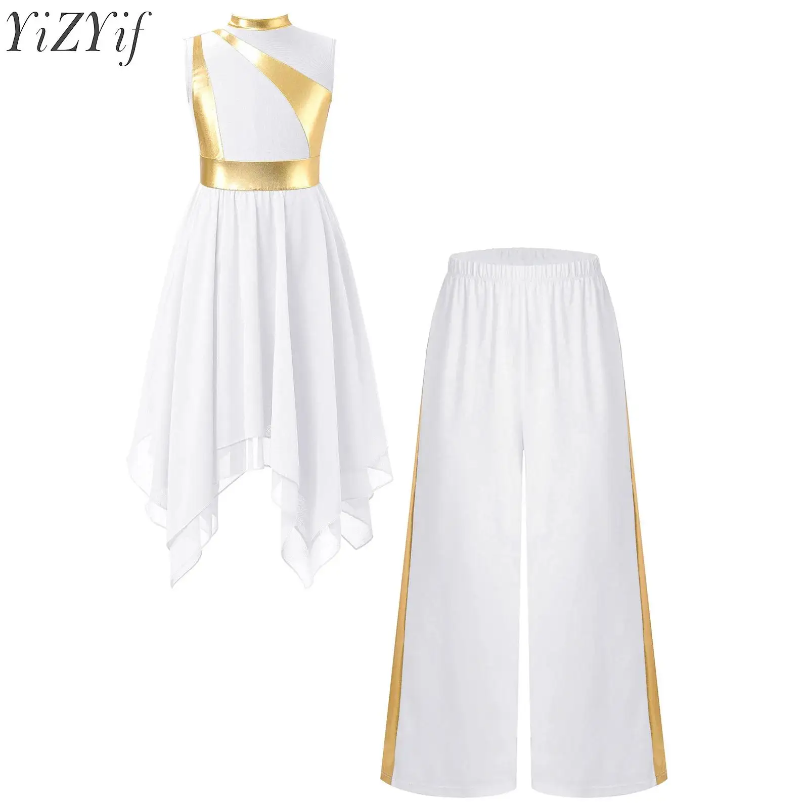 Kids Girls Liturgical Praise Dance Sets Metallic Patchwork Sleeveless Asymmetrical Hem Lyrical Church Dress with Wide-Leg Pants