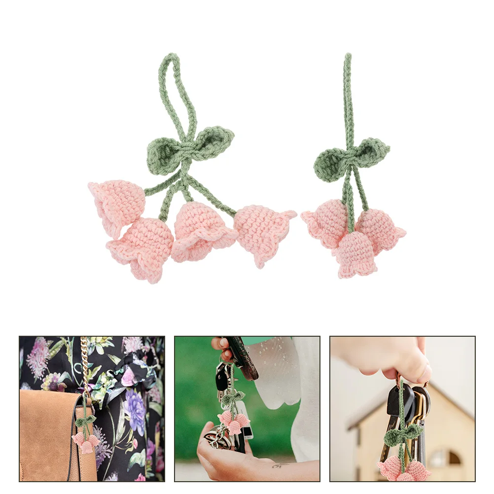 

2pcs Crochet Knitted Flower Pendant Lightweight Handmade Keychain Charm Car Hanging Decor Small Woven Ornament For Bag Backpack