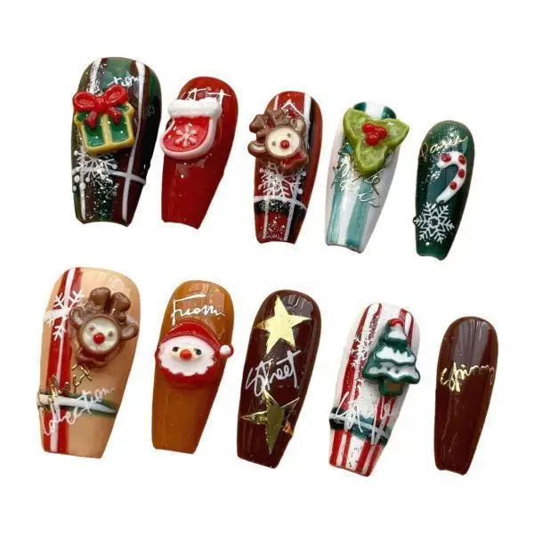 

Christmas Press on Nails Long Acrylic Fake Nail Set Multicolor Ornaments for Nails Full Cover for Holiday Manicure Art