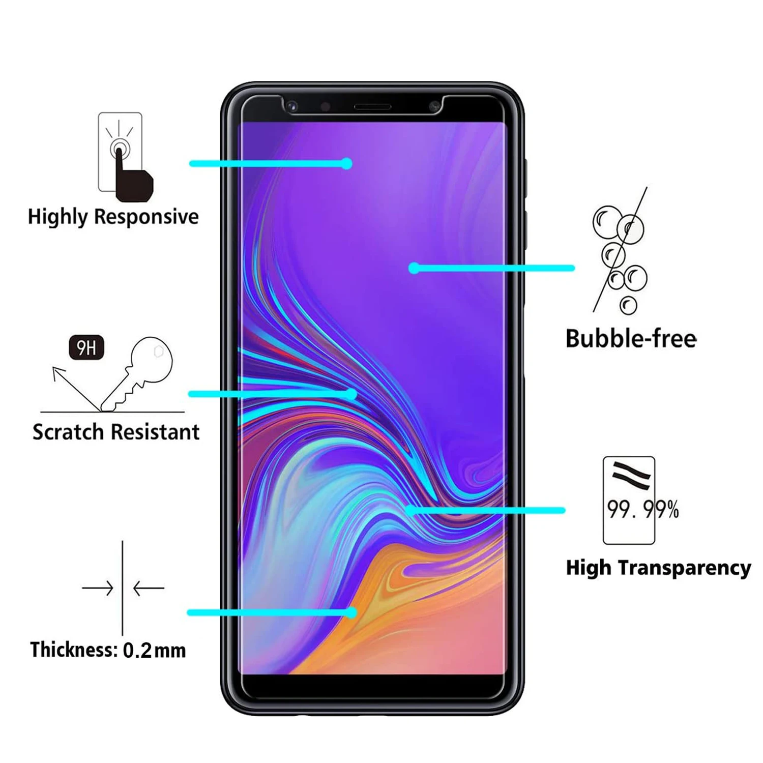 Kaca pelindung layar 9H, kaca pelindung layar untuk Samsung Galaxy A7 2018 2/4 buah, lapisan kaca Tempered HD