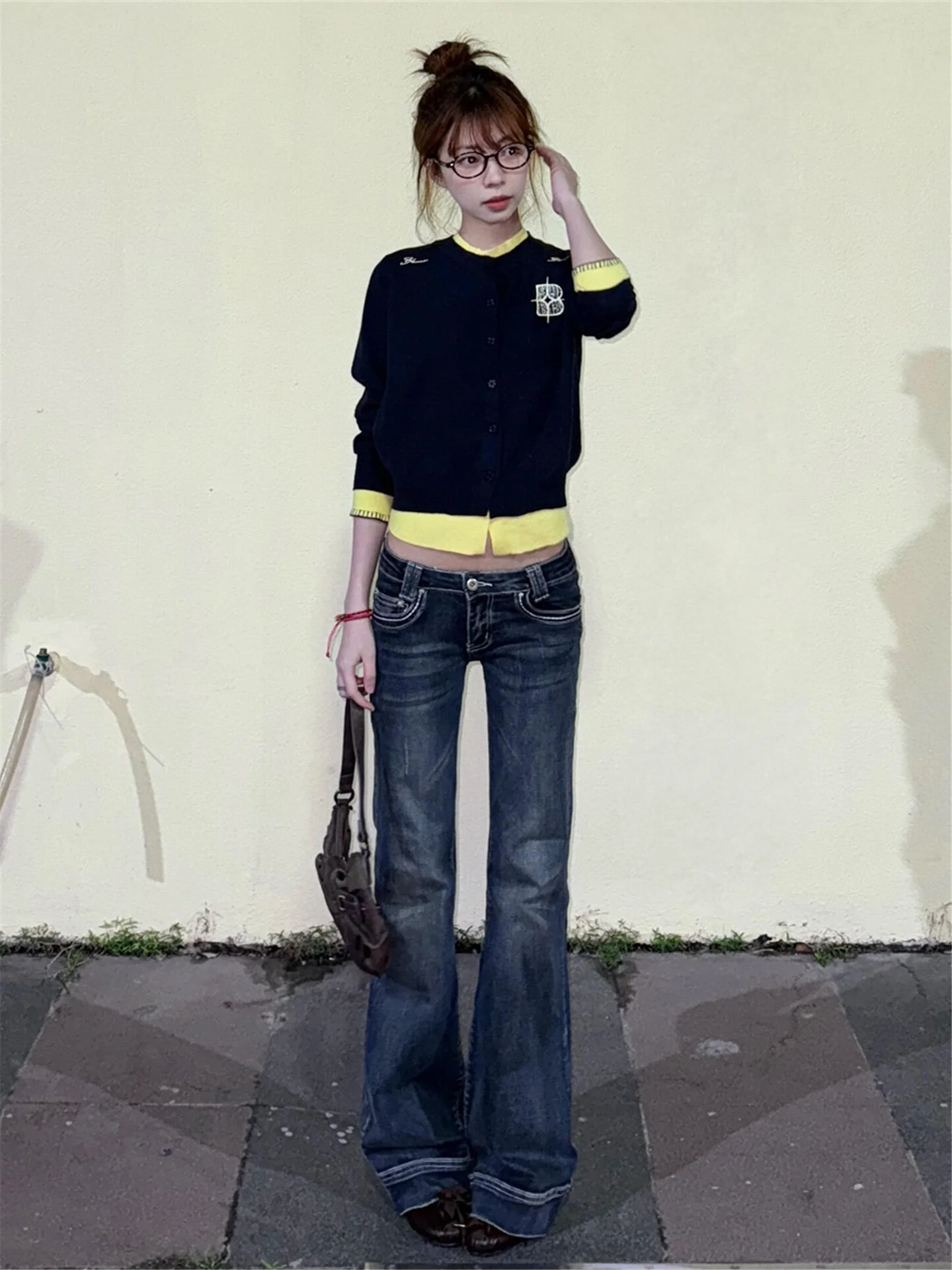 

Американские винтажные джинсы-клеш с низкой талией для женщин, весна-осень, облегающие, в стиле Y2K, длина в пол