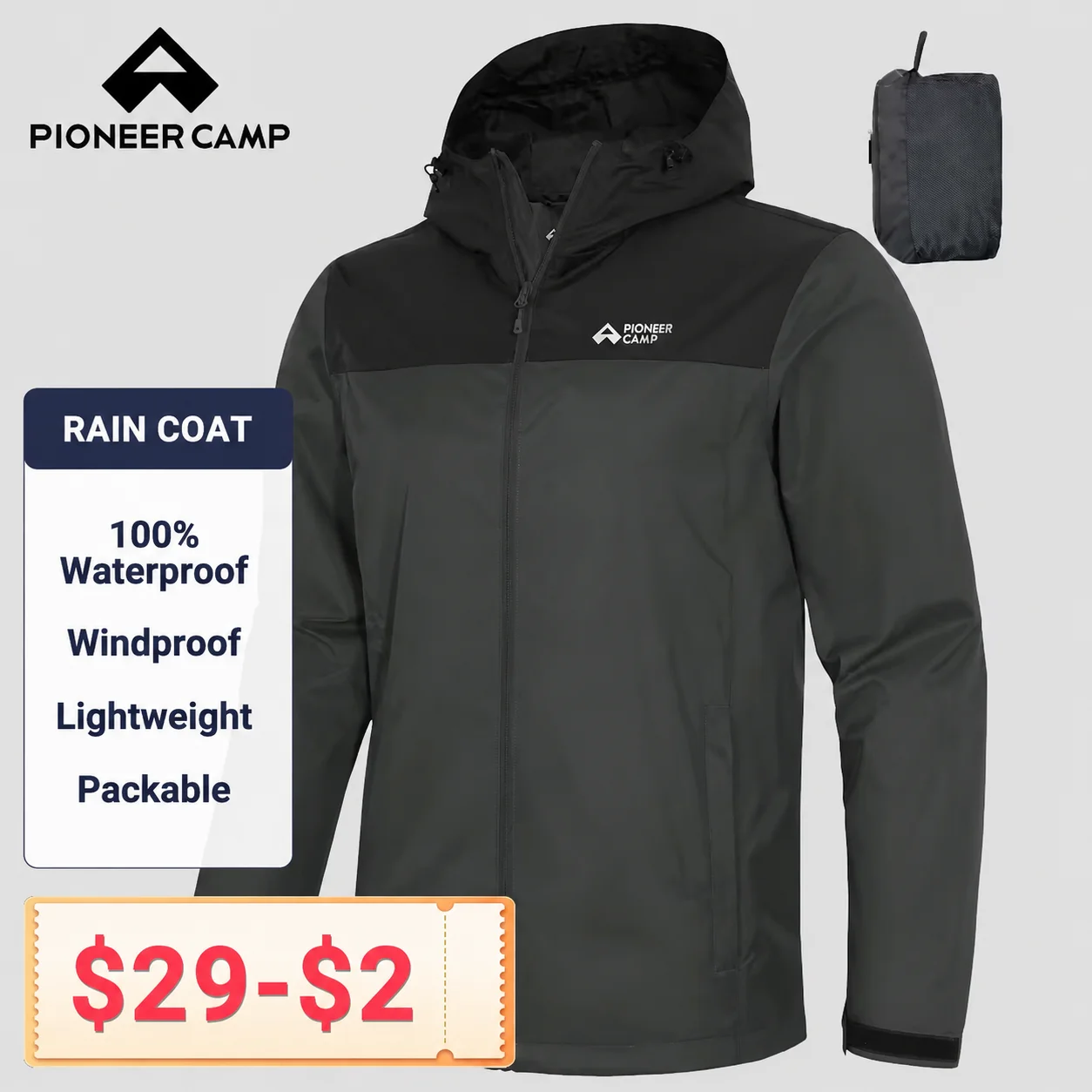 Pioneer Camp Men's Rain Jacket - Waterproof with Hood - Sporty Waterproof Cycling Jacket with Wind Protection