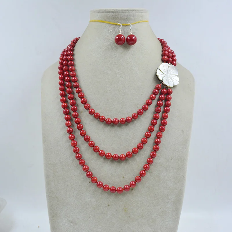 

3 rows of 8MM natural coral necklace earrings suit. Glamour female party. A birthday present. Classic Jewelry