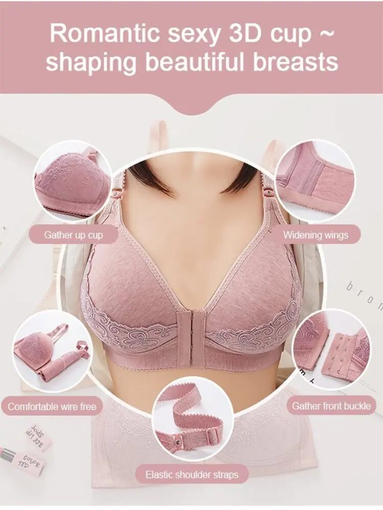 Veimia Middle-aged and elderly bra without steel ring large  size underwear front buckle bra comfortable cotton bra