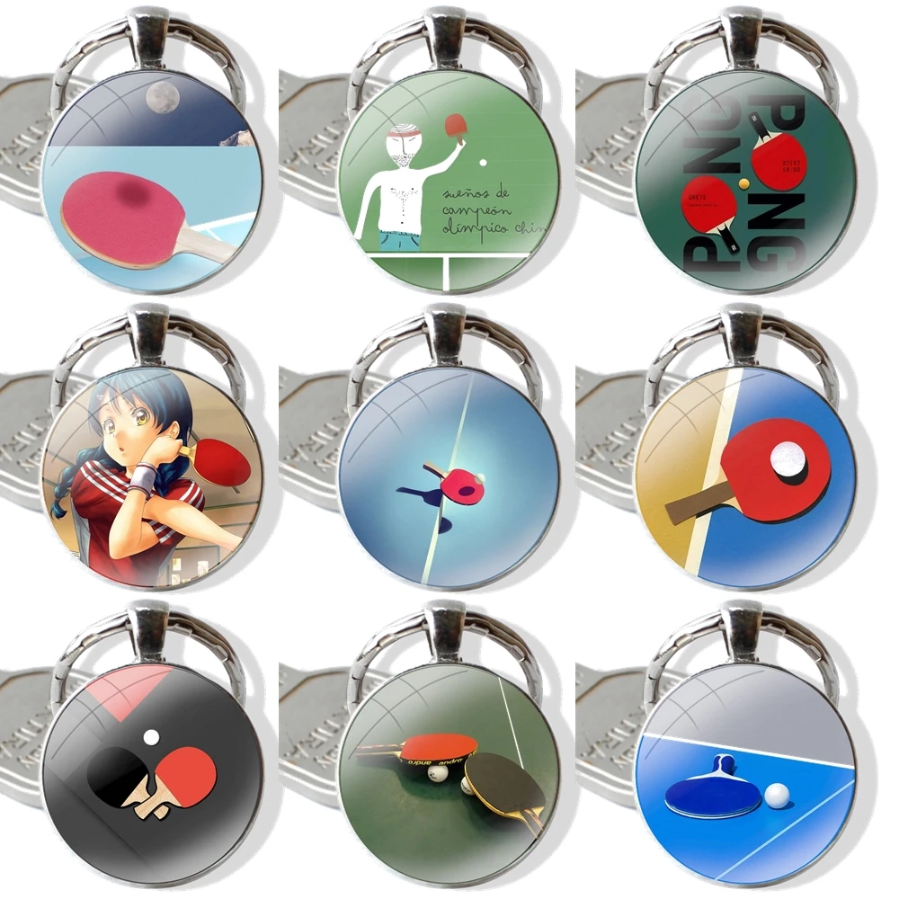 Keychain Handmade Glass Cabochon Key Ring Holder Pendant Key Chains Table Tennis ball sport